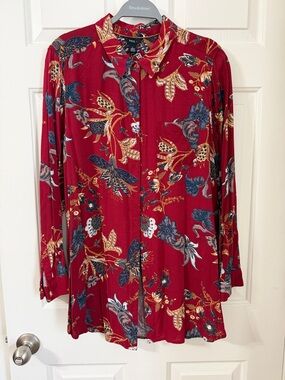 Intro Red Floral Paisley Long Sleeve Button Up Womens Blouse